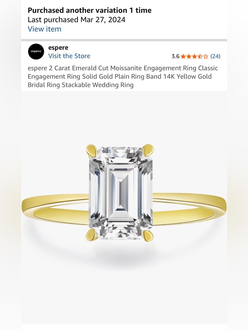 Espere 2 Carat Emerald Cut Moissanite Solitaire Ring Yellow Gold - Ring size 7